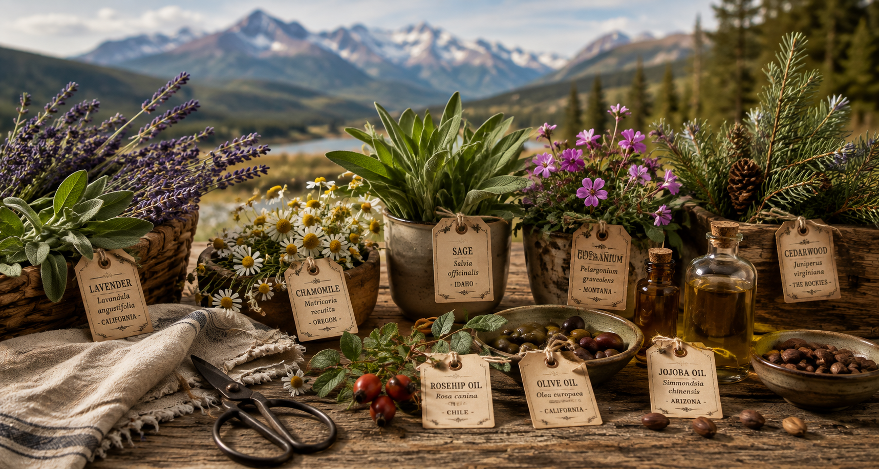 Lavender, sage, chamomile, rose geranium, evergreen botanicals and supporting oils arranged against a Western mountain landscape