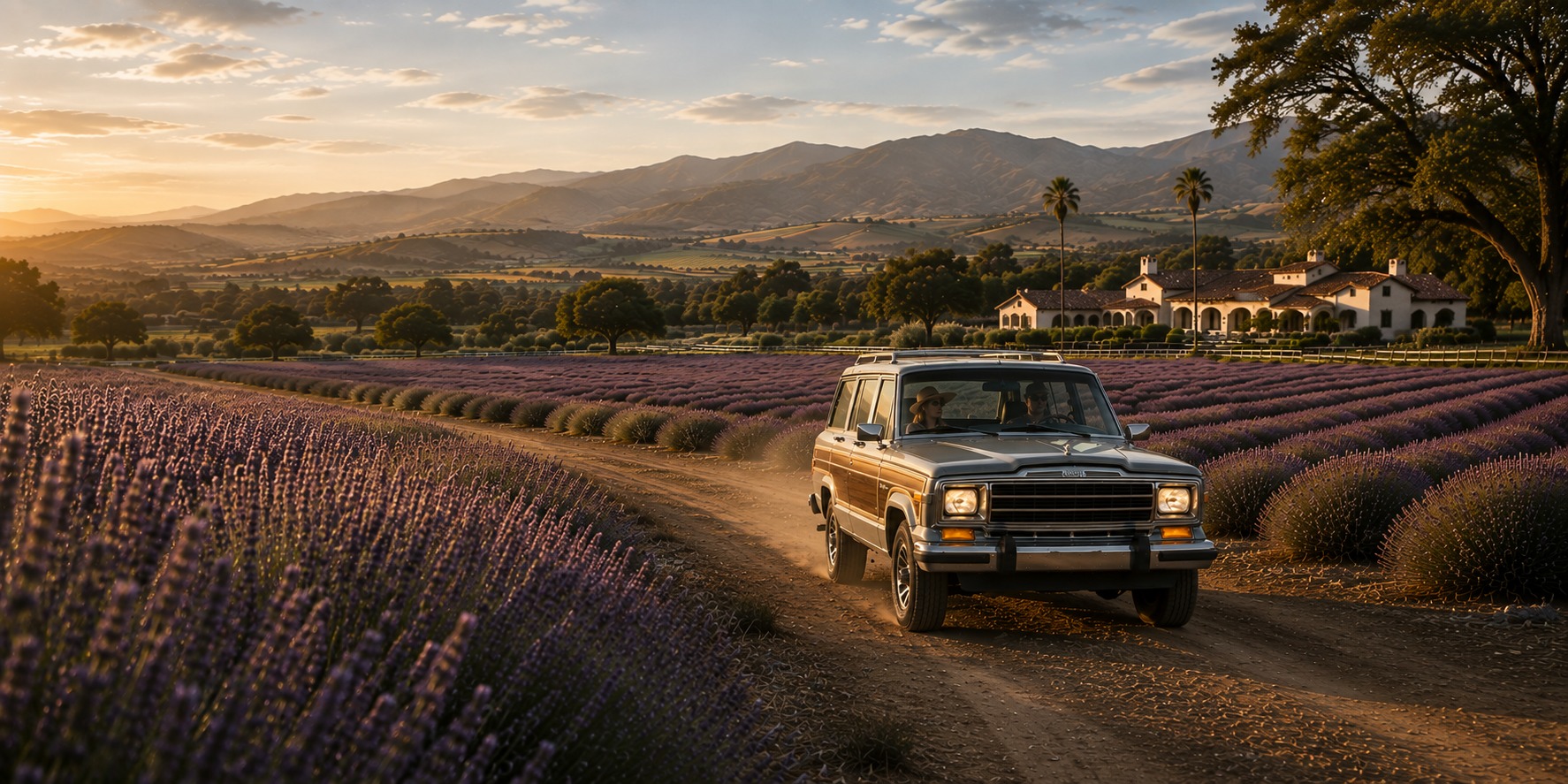 Vintage wood-paneled wagon with driver and passenger traveling through lavender fields in Western ranch country