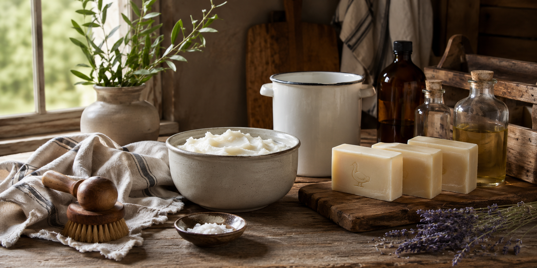 Traditional soapmaking workspace with duck-fat soap, natural oils and vintage tools
