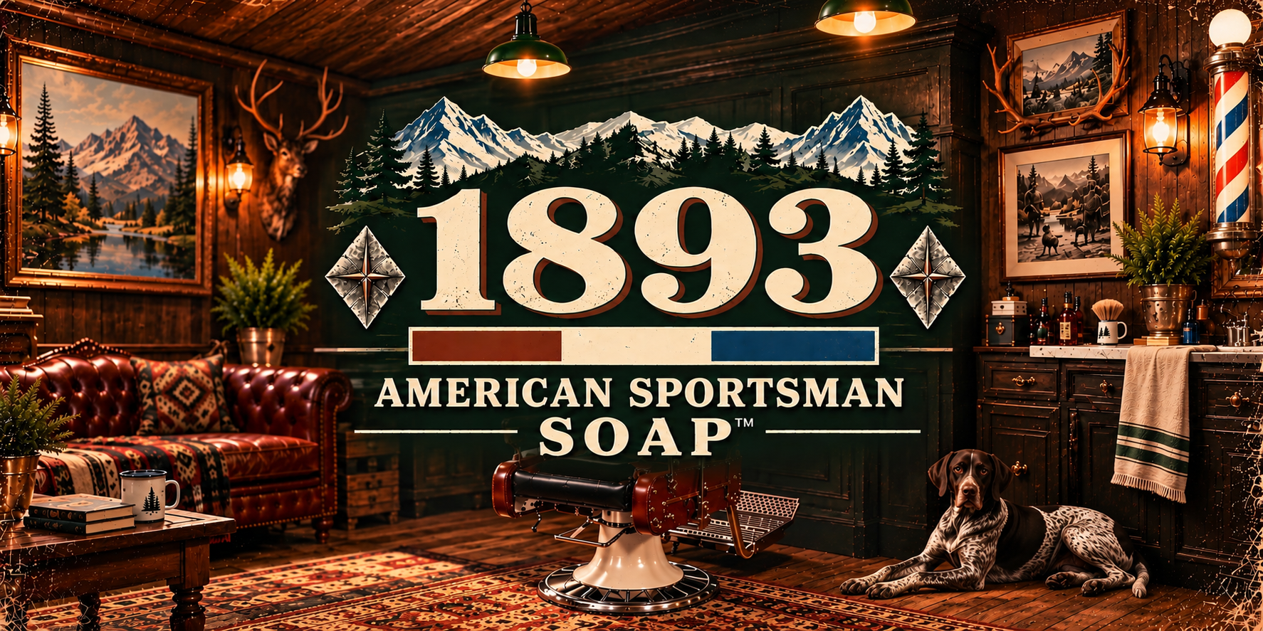 Vintage American barbershop with barber pole and German Shorthair Pointer.