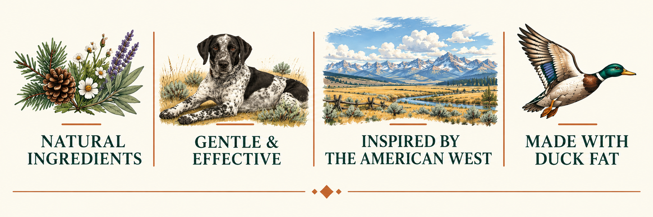 Paw & Reed natural dog care benefits featuring natural ingredients, gentle and effective care, American West inspiration, and duck fat.