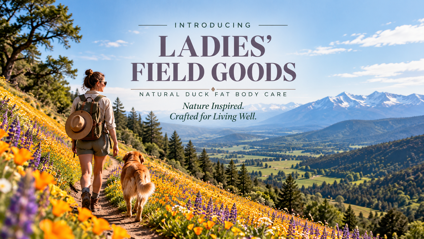 Woman hiking with her dog through a Western wildflower meadow for Feather Lakes Ladies’ Field Goods natural duck fat body care.