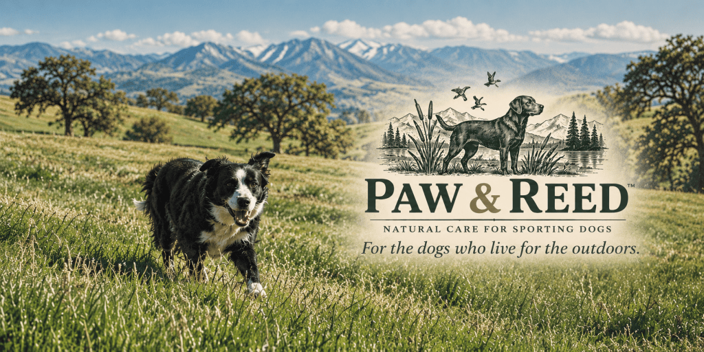 Black and white dog running through a Western meadow with Paw & Reed natural dog care branding.