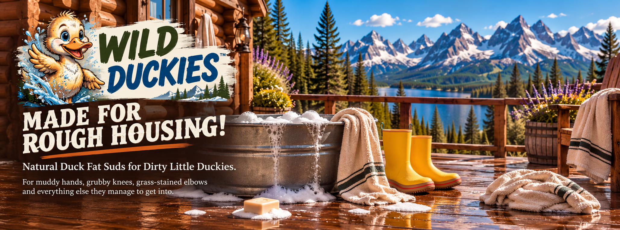 Wild Duckies™ duck fat suds with outdoor wash tub and Sawtooth Mountains